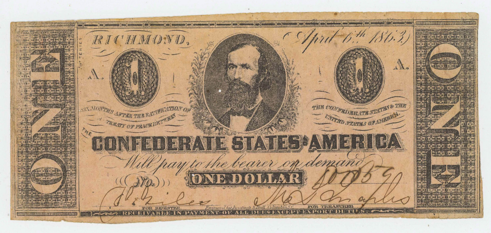 1863 CONFEDERATE ONE DOLLAR NOTE RICHMOND
