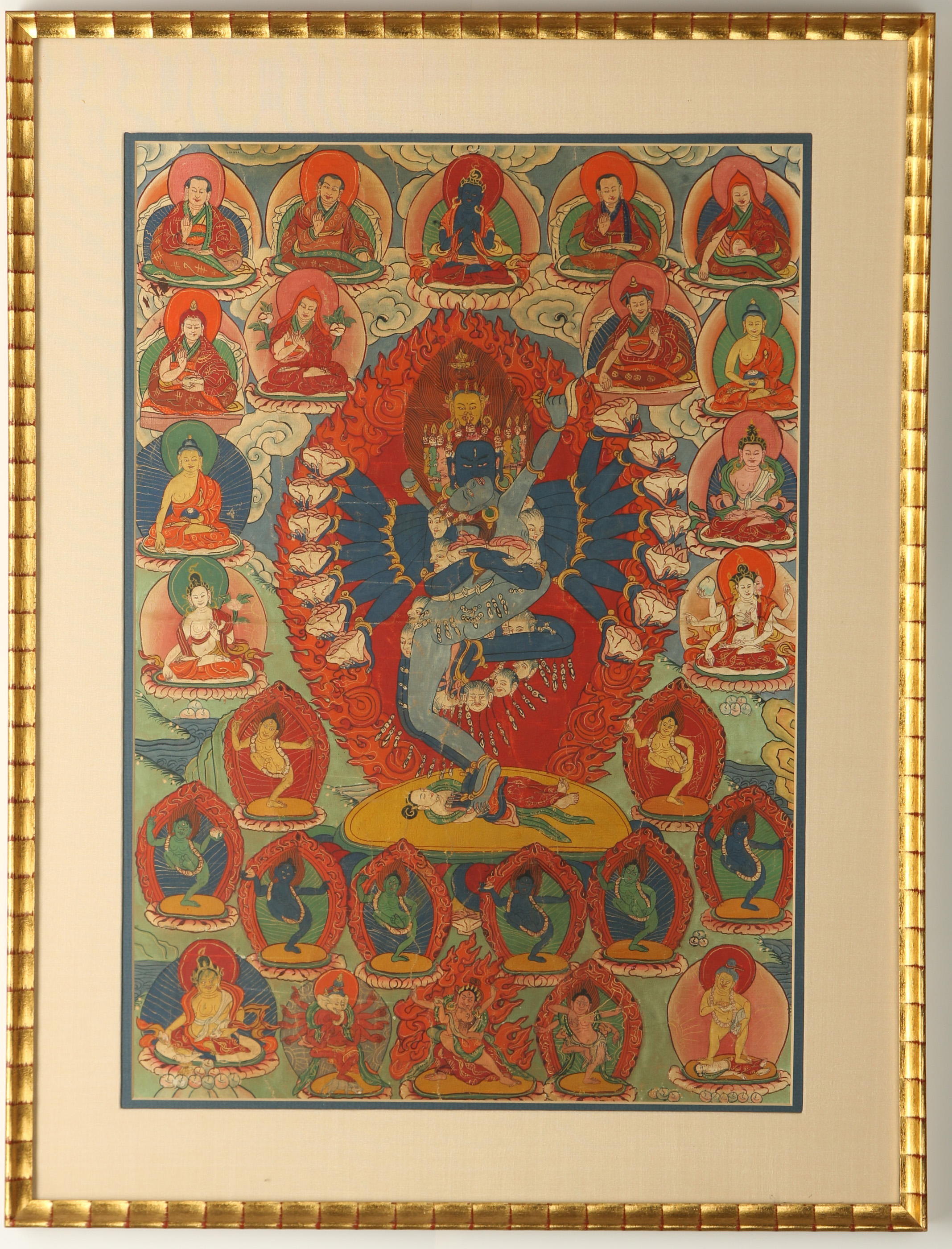 AN EARLY 20TH C. TIBETAN HAND PAINTED BUDDHIST THA
