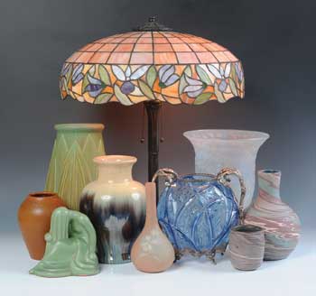 Art pottery, glass and lamps